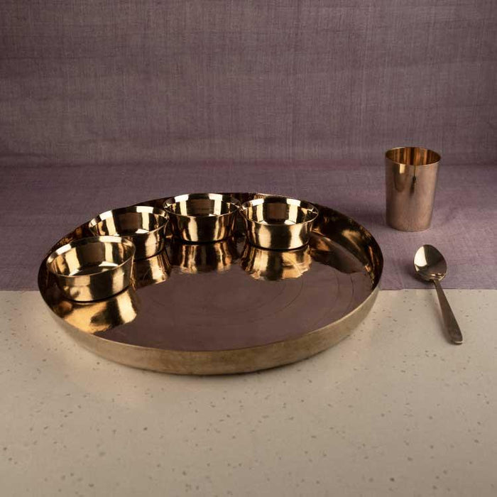 Kansa Dinner Thaali Set (Thaali -13.5") - 8 Pieces set (1 Pc Thaali, 5 Pieces Bowls, 1 Pc Glass, 1 Pc Spoon)