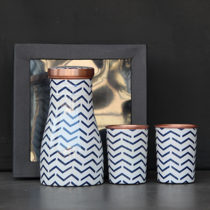 Printed Copper Flask Set | Office Carrying Bottles Set with Print Design Glasses