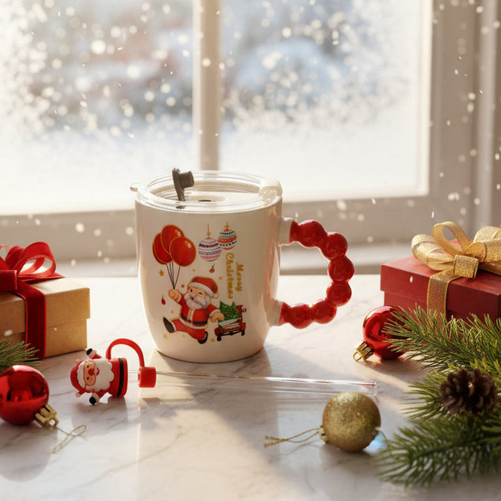 Festive “Merry Christmas” Santa Mug with Straw & Lid Set
