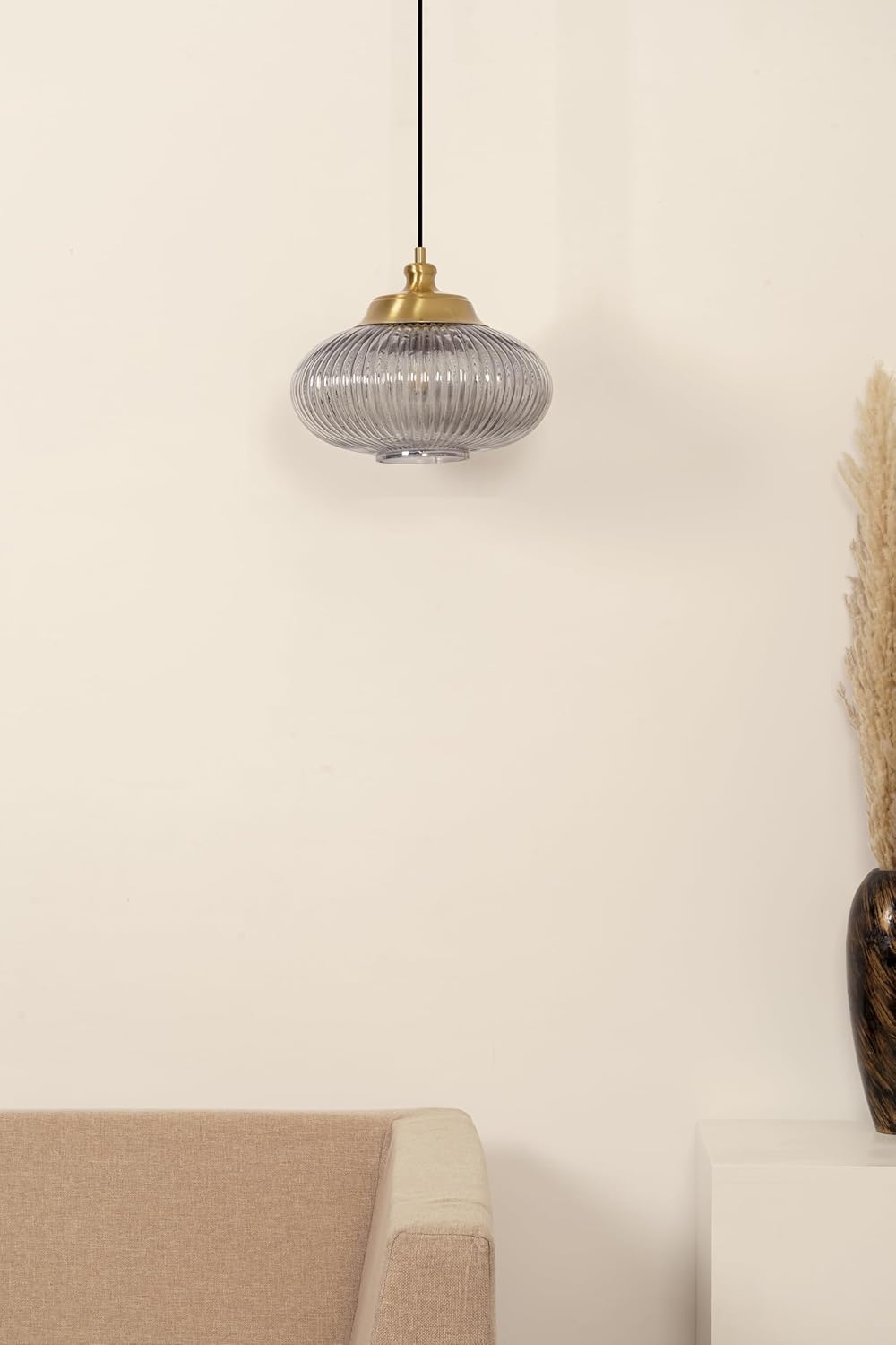 Ribbed Green Melon Glass Hanging Pendant Light Antique Brass Finish for Living Room, Bedroom, Home Decoration and Kitchen