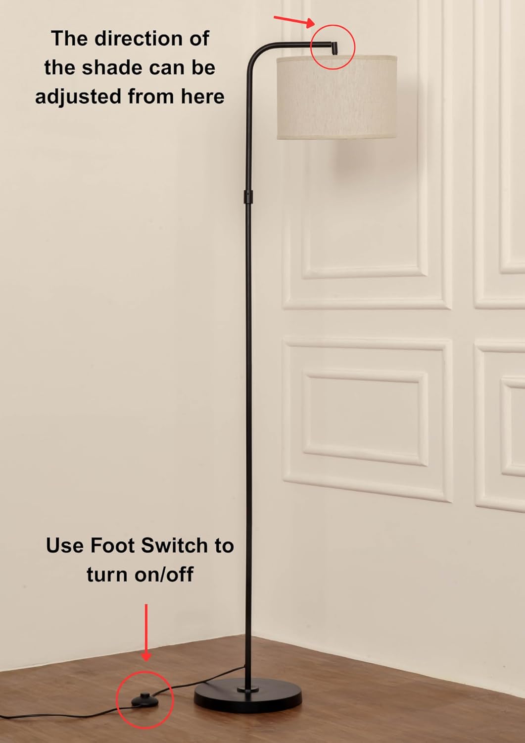 Black Polished Modern Arc Floor Lamp with Adjustable Shade 6Ft Height with 12 inches Off White Drum Lampshade Pack of 1 - Led Bulb Included