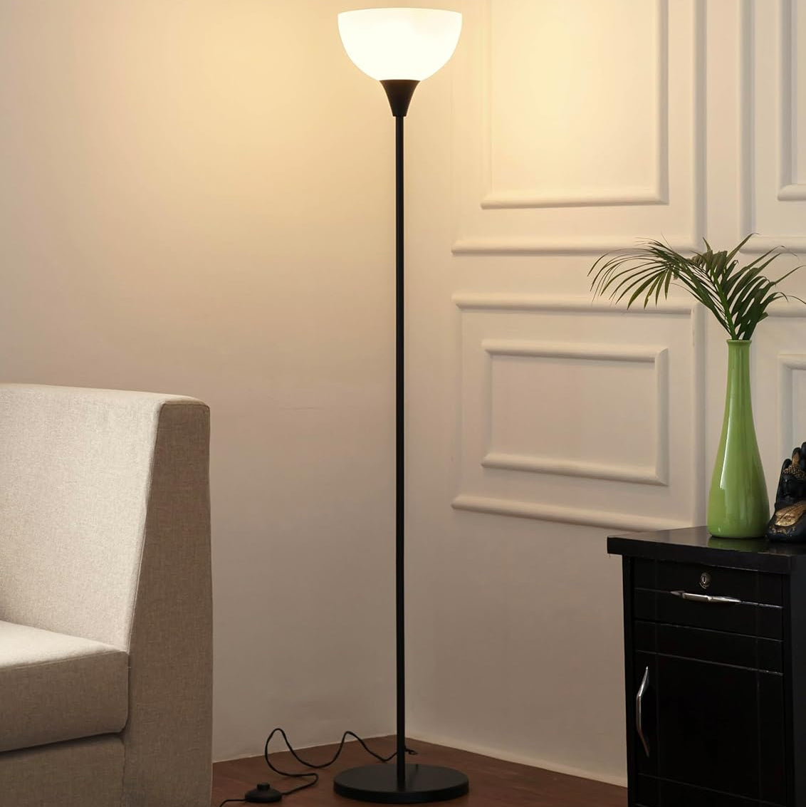 Uplighter Black Polished Floor Lamp for Living Room with Frosted Glass Lampshade