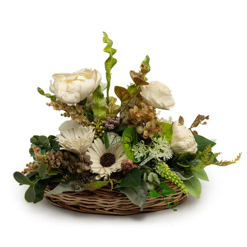 Can Basket with Sola Wood Flower Arrangement for Home Decor | Decorative Faux Floral Décor
