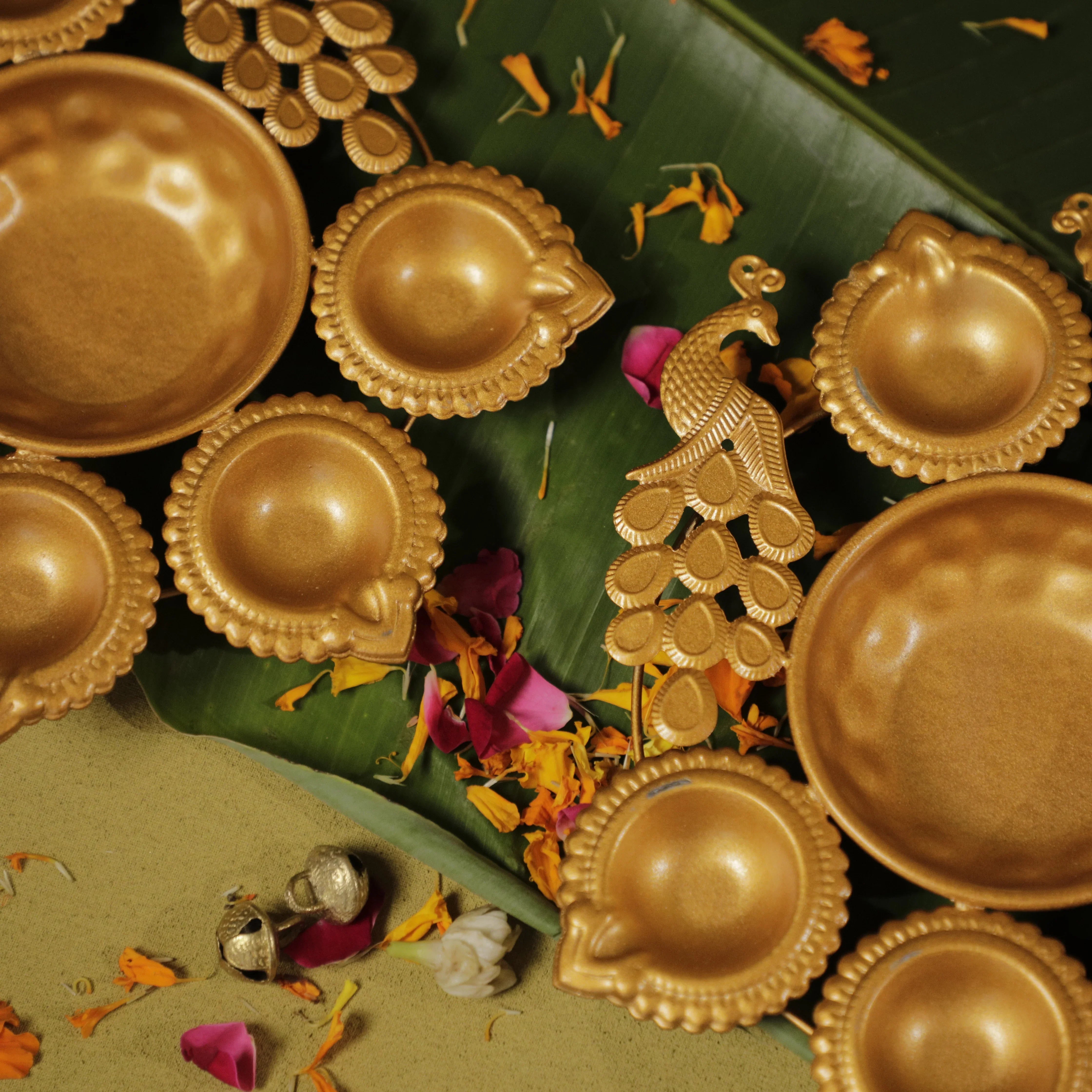Antique Gold Twin Peacock Diya Urli Set