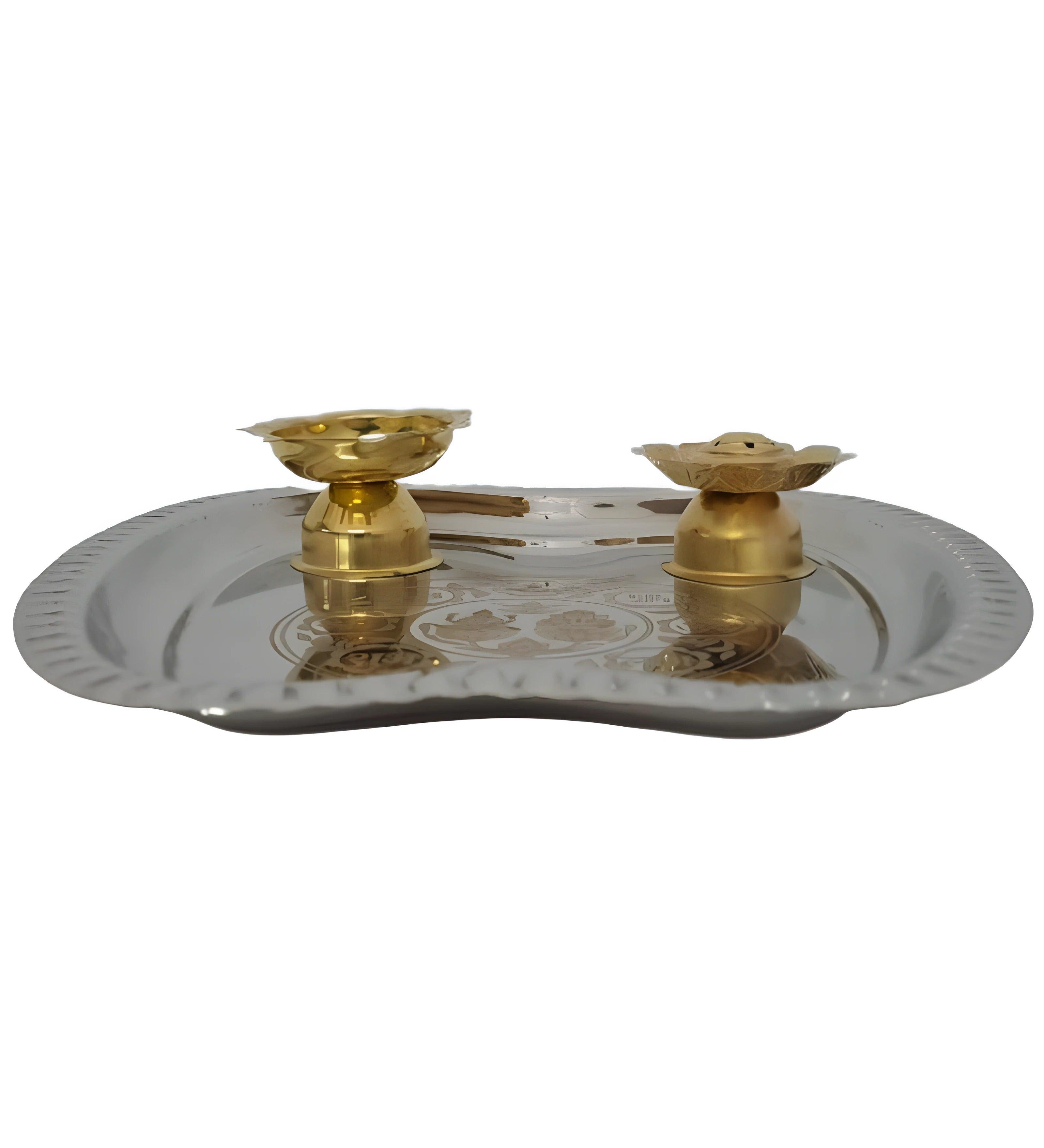 Antique Silver-Finish Puja Thali with Brass Diya – Unique Apple-Shaped Plate for Aarti and Pooja