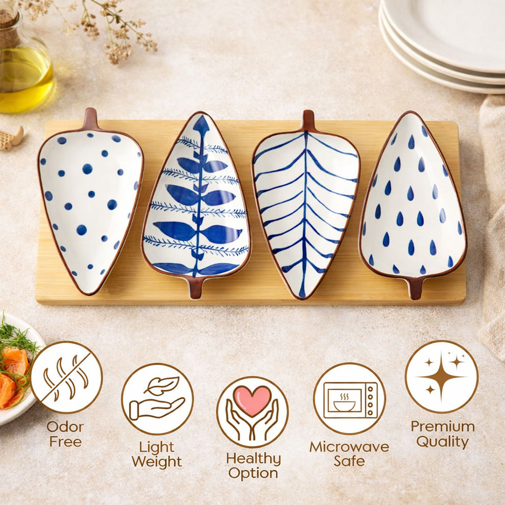 Leaf-Shaped Ceramic Serving Platter with Wooden Board | 4 Small Glossy Snack Tray | Perfect for Serving Sweets, Cookies, Dry Fruits, Mouth Freshener & Snacks (Blue & White)