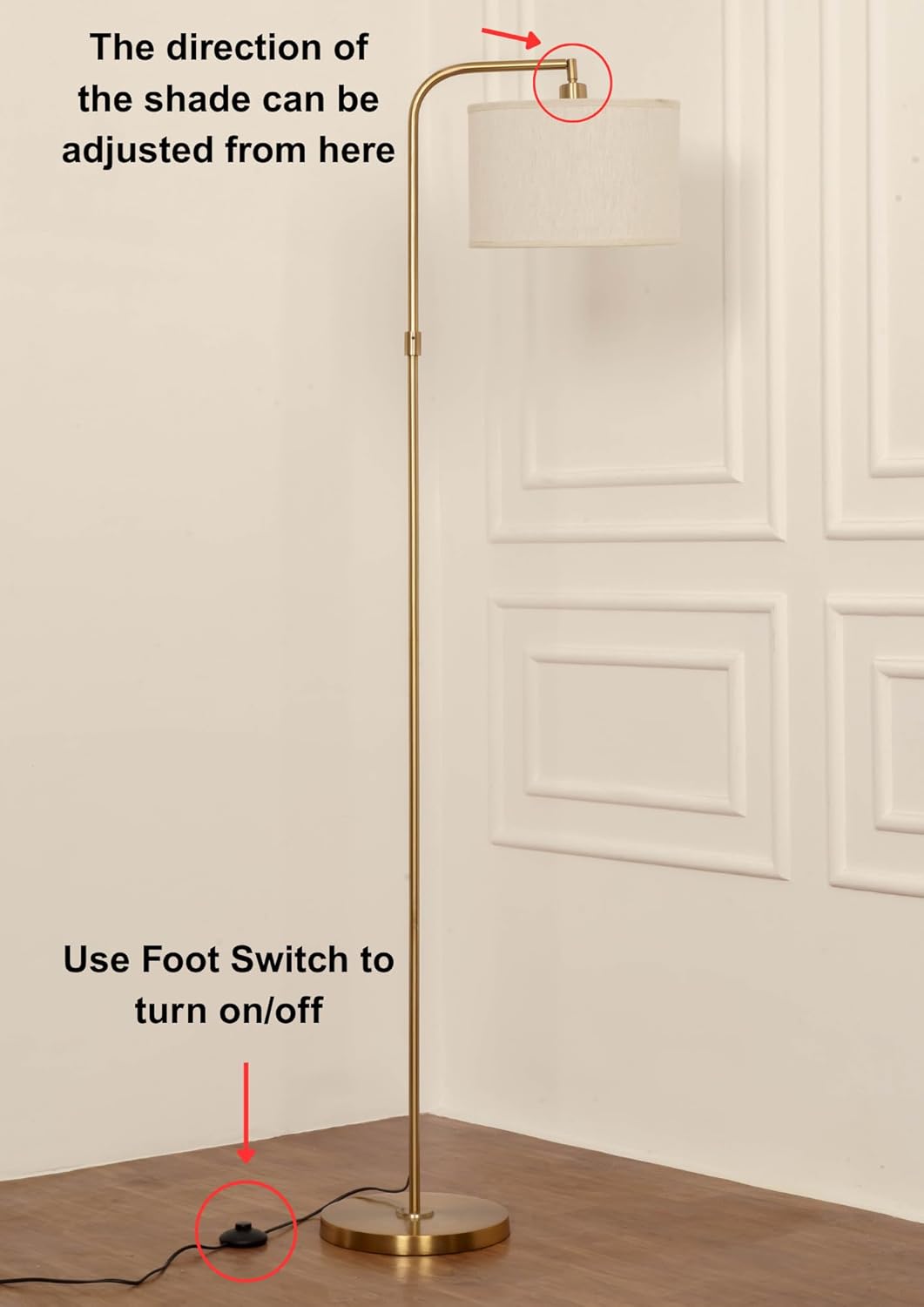 Brass Antique Modern Arc Floor Lamp with Adjustable Shade 6Ft Height with 12 inches Off White Drum Lampshade Pack of 1 - Led Bulb Included