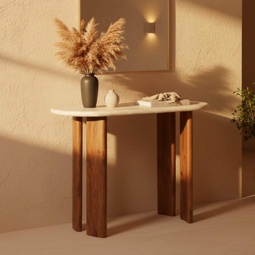 Abacus Console Table | Travertine Marble and Acacia Wood