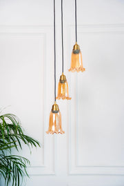 Triple Hanging Pendant Light Antique Brass Finish with Fluted Flower Golden Luster Glass for Living Room, Home Decoration