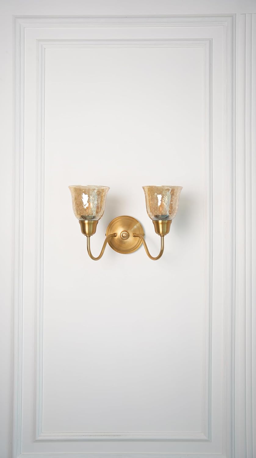 Double Curve Wall Lamp Antique Brass Finish with Cup Crackled Glass Shade for Living Room, Bedroom and Home Decoration