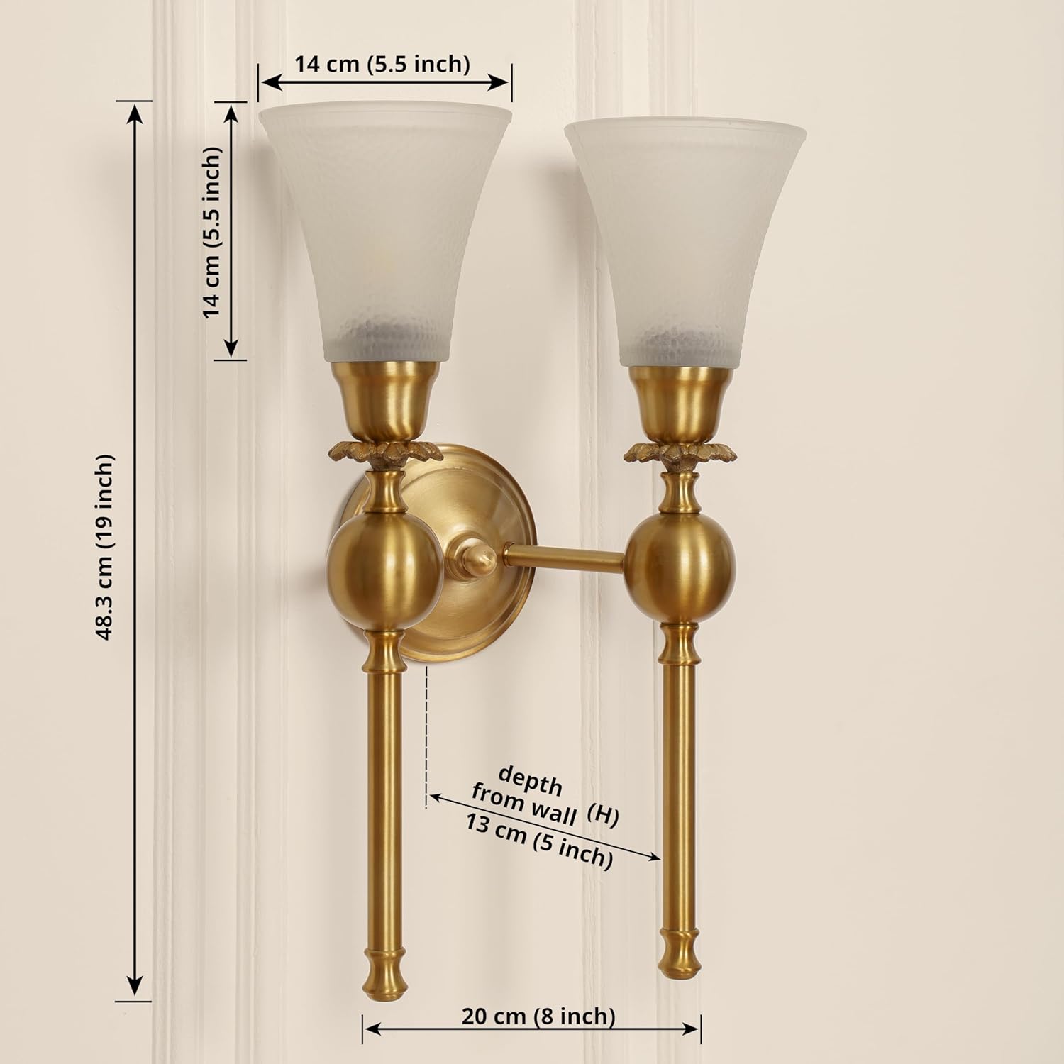 Double Ball Wall Lamp Antique Brass Finish with Frosted Hammered Glass Shade for Living Room, Bedroom and Home Decoration