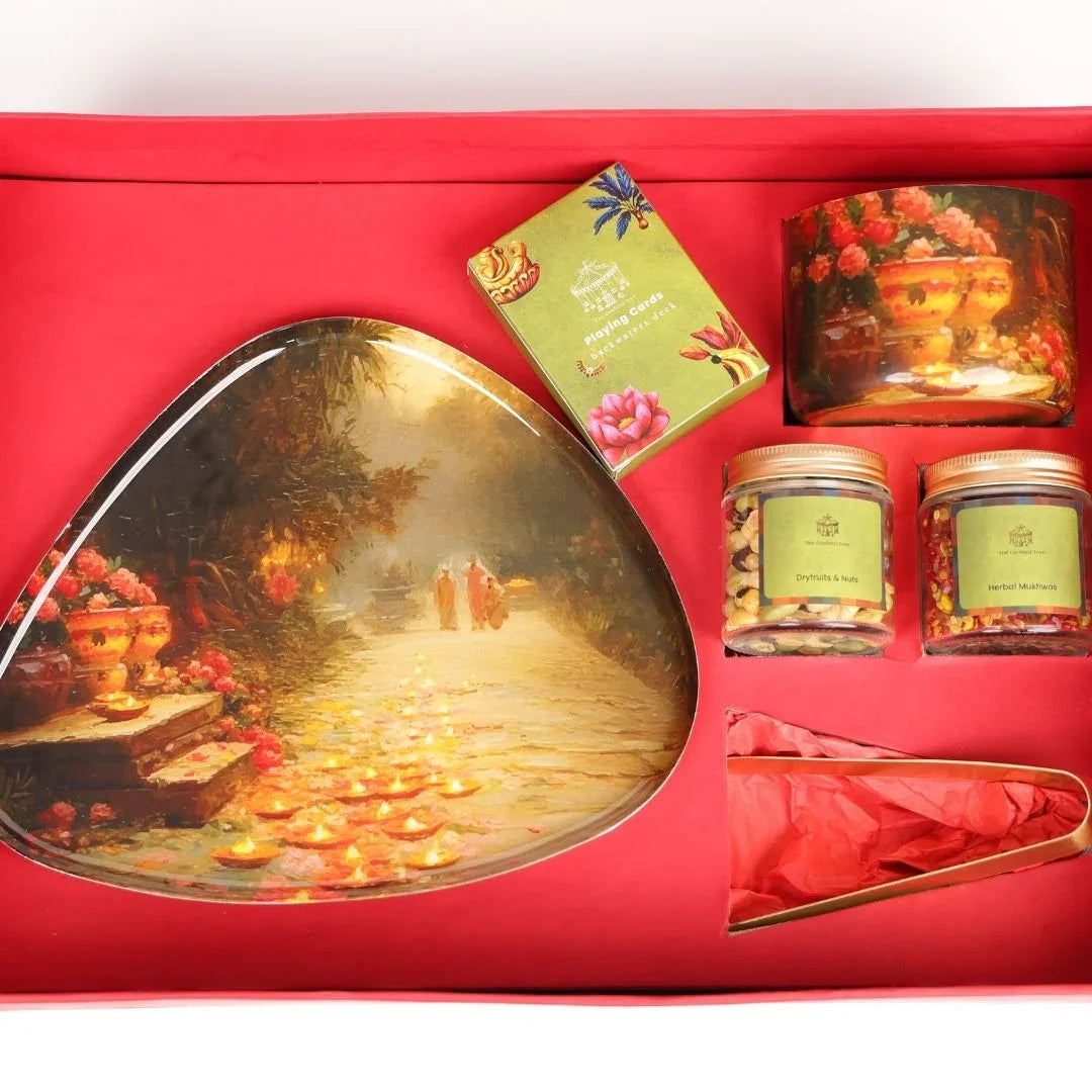 Luxury Diwali Gift Box with Brass Finish Platter, Soy Wax Candle, Dry Fruits, Mukhwas, Brass Tong & Designer Playing Cards