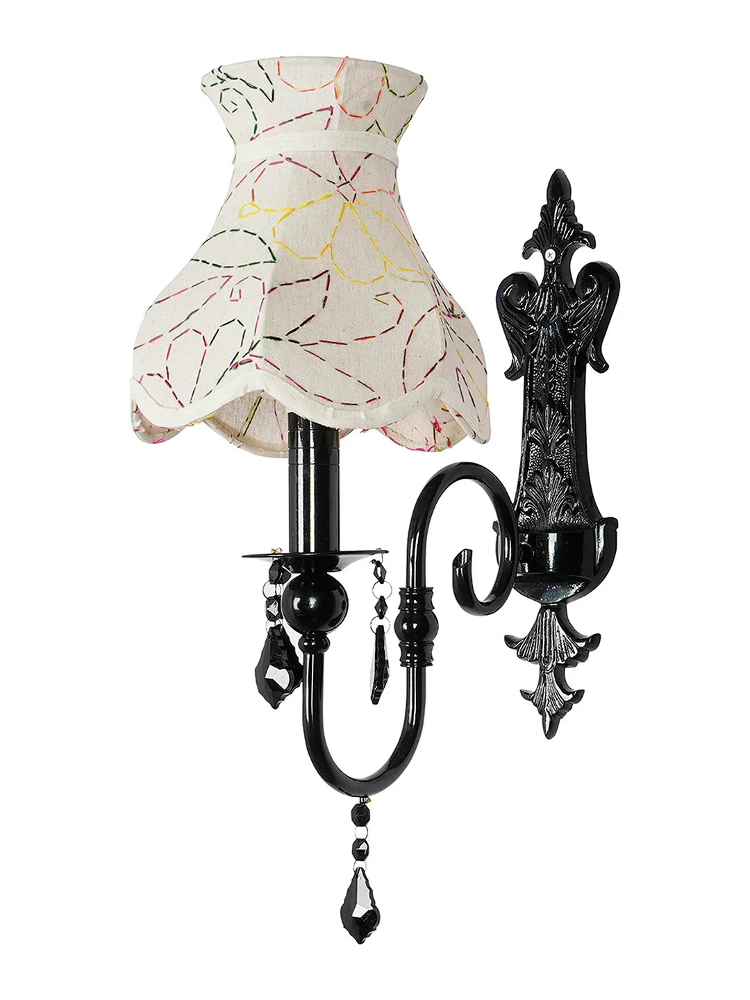 Black Wall Sconce with Green Embroidered Scalloped Shade and Crystals