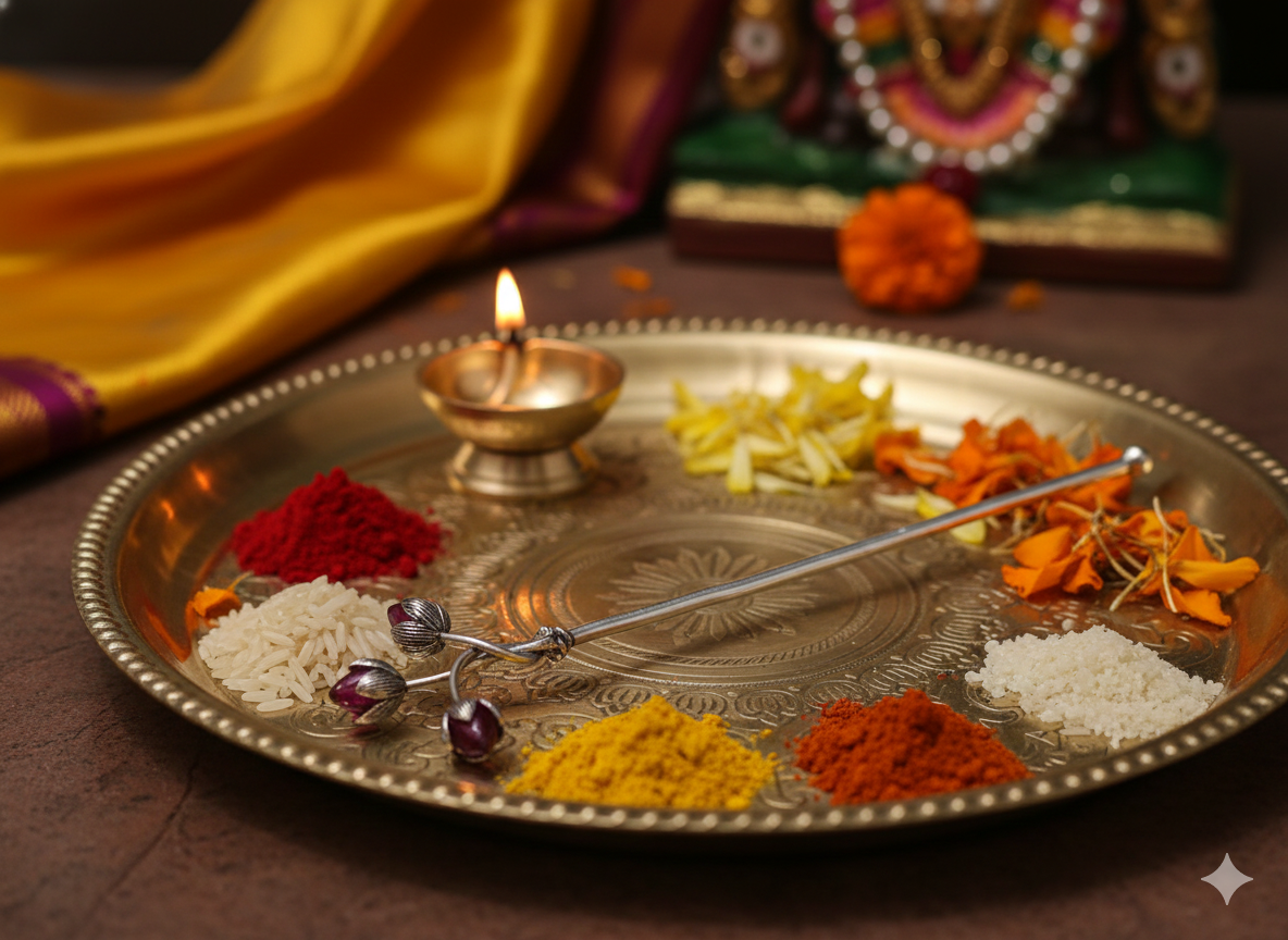 Pure Silver Plated Brass Trishakti Tilak Stick With Ruby Accents