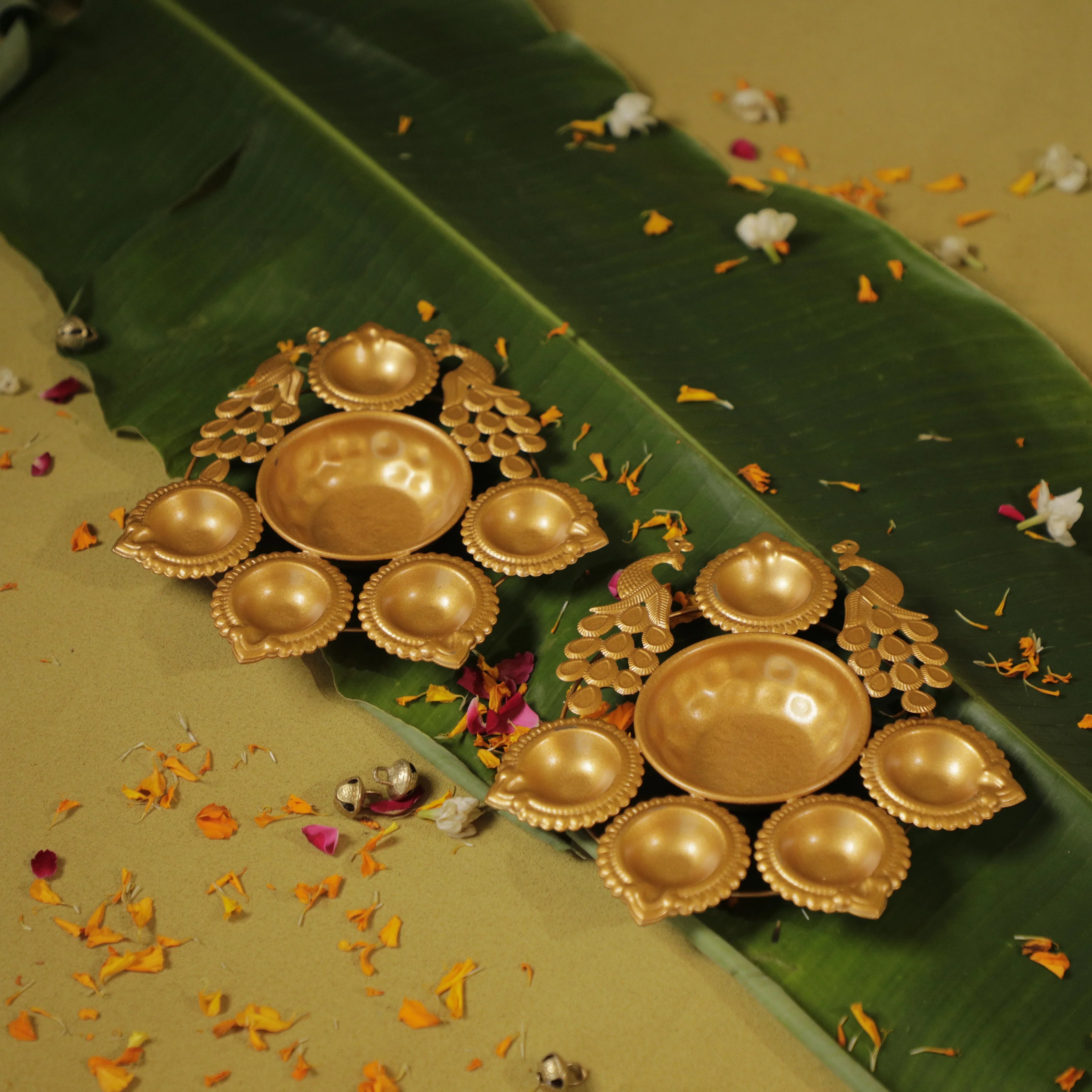 Antique Gold Twin Peacock Diya Urli Set