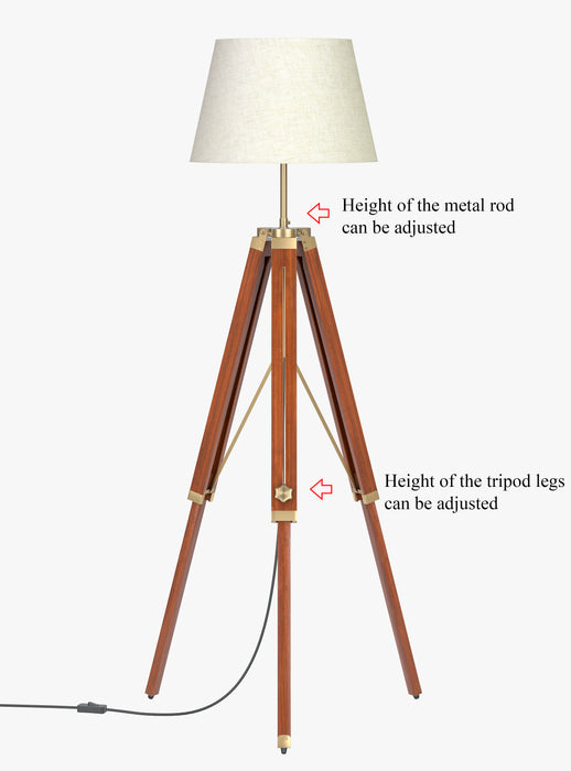 Wooden Tripod Floor Lamp 3 Legs Standing Brown Polished Brass Antique Finish Adjustable 5ft Height with 16 inches Off White Lampshade