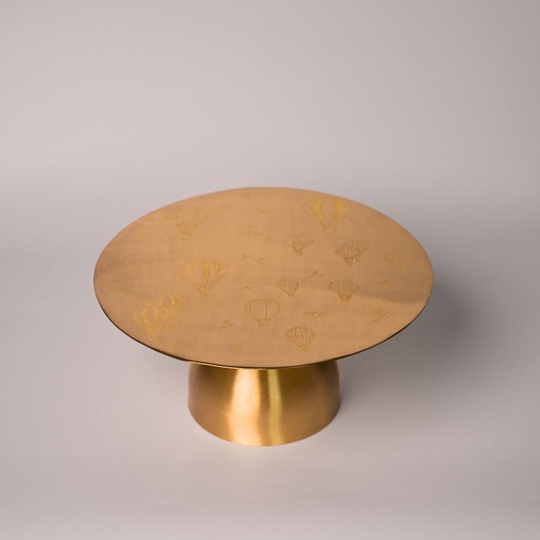 Pure Brass Cake Stand – Laser-Etched Hot Air Balloon Design | Luxury Dessert Stand for Parties, Weddings & Festive Serving