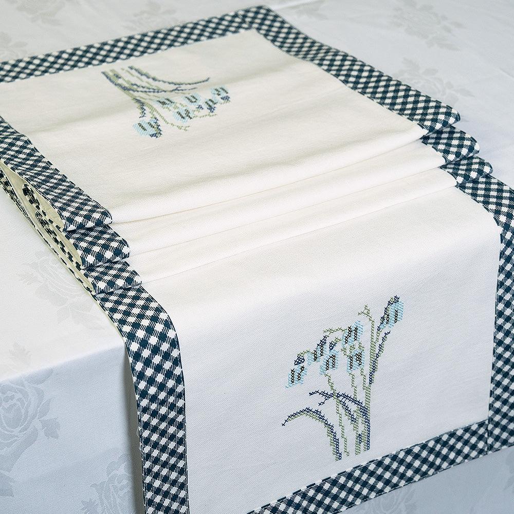 Handmade Tulip Tapestry Dining Table Runner | Embroidered Cotton Cross-Stitch Runner with Printed Border