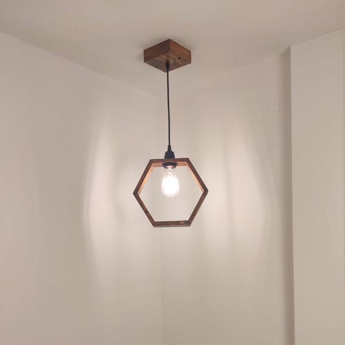 Hex Brown Wooden Single Hanging Light