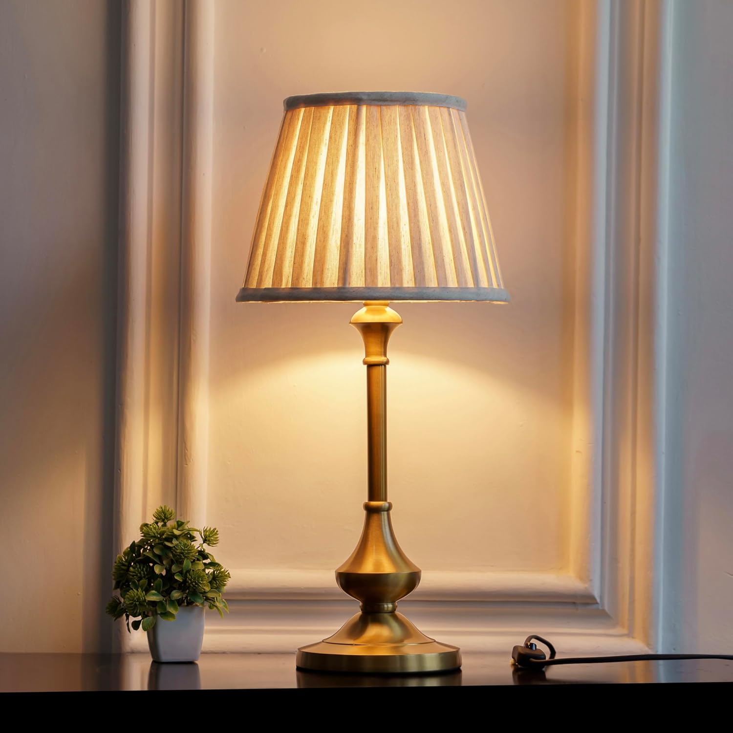 Royal Brass Antique Gold Finish Trophy Table Lamp 27 Inches Height With Off White Bell 14 Inches Diameter Lampshade