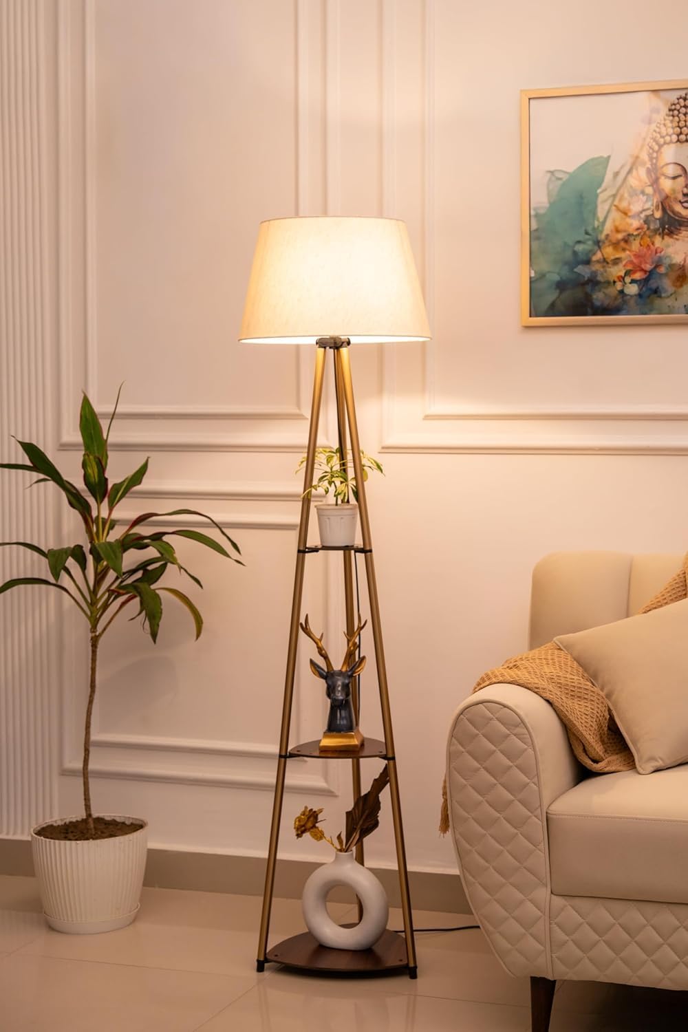 3 Shelves Floor Lamp Brass Antique Finish 5 Feet Height with 16” Diameter Off White Shade for Living Room, Bedroom and Home Decoration