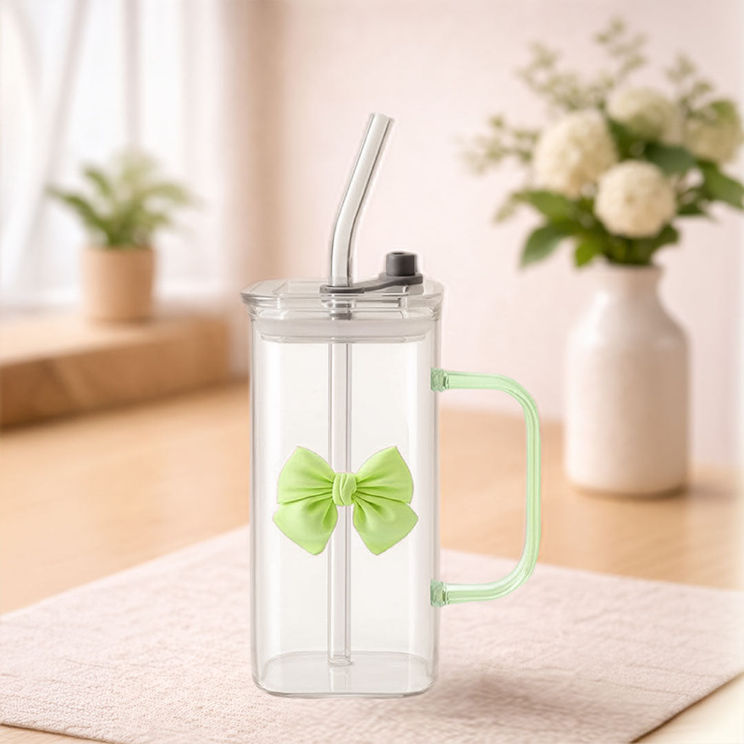 Borosilicate 400ml Glass Straw Cup with Lid & Handle | Square Transparent Coffee Mug with Cute Bow | Heat Resistant BPA Free Reusable Drinking Tumbler