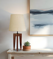 Jet Brown Wooden Table Lamp with White Fabric Lampshade