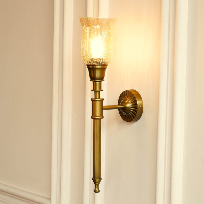 Brass Antique Finish Corrugated Wall Lamp with Chimney Crackled Glass Golden Luster Shade