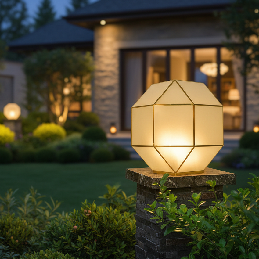 Geometric Grandeur: Frosted Glass Large Gate Light with Gold Frame