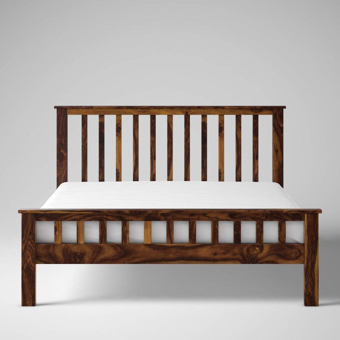 Sheesham Wood Queen Size Strip Design Bed | Honey & Walnut Finish Modern Non-Storage Bed