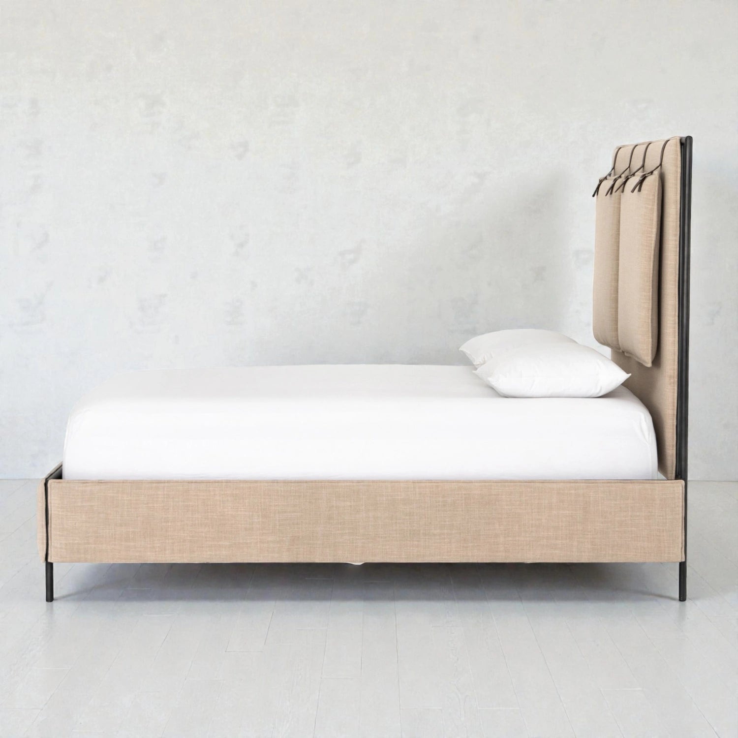 Fossil Fabric Upholstery And Black Finished Metal Legs King Size Bed