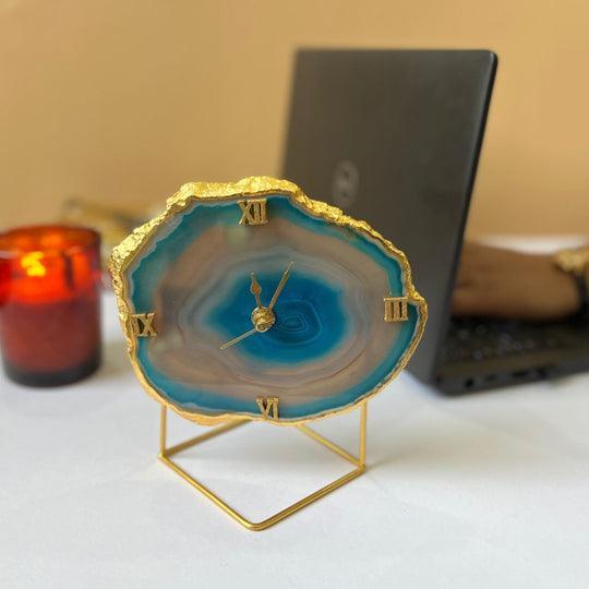 Brazilian Agate Desktop Clock with Metal Stand | Antique Timepiece