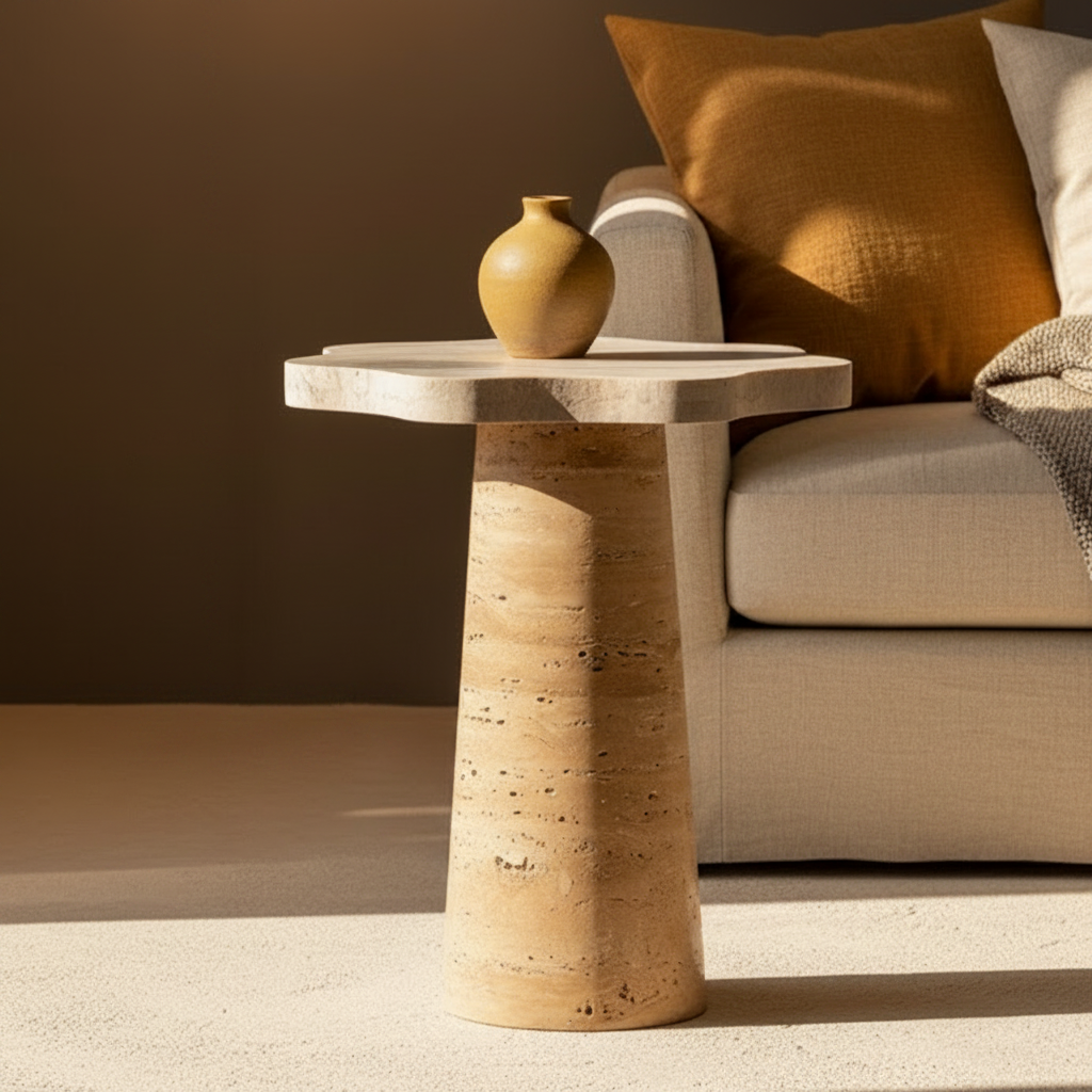 Daffodil Side Table | White Travertine Marble and Beige Travertine Marble