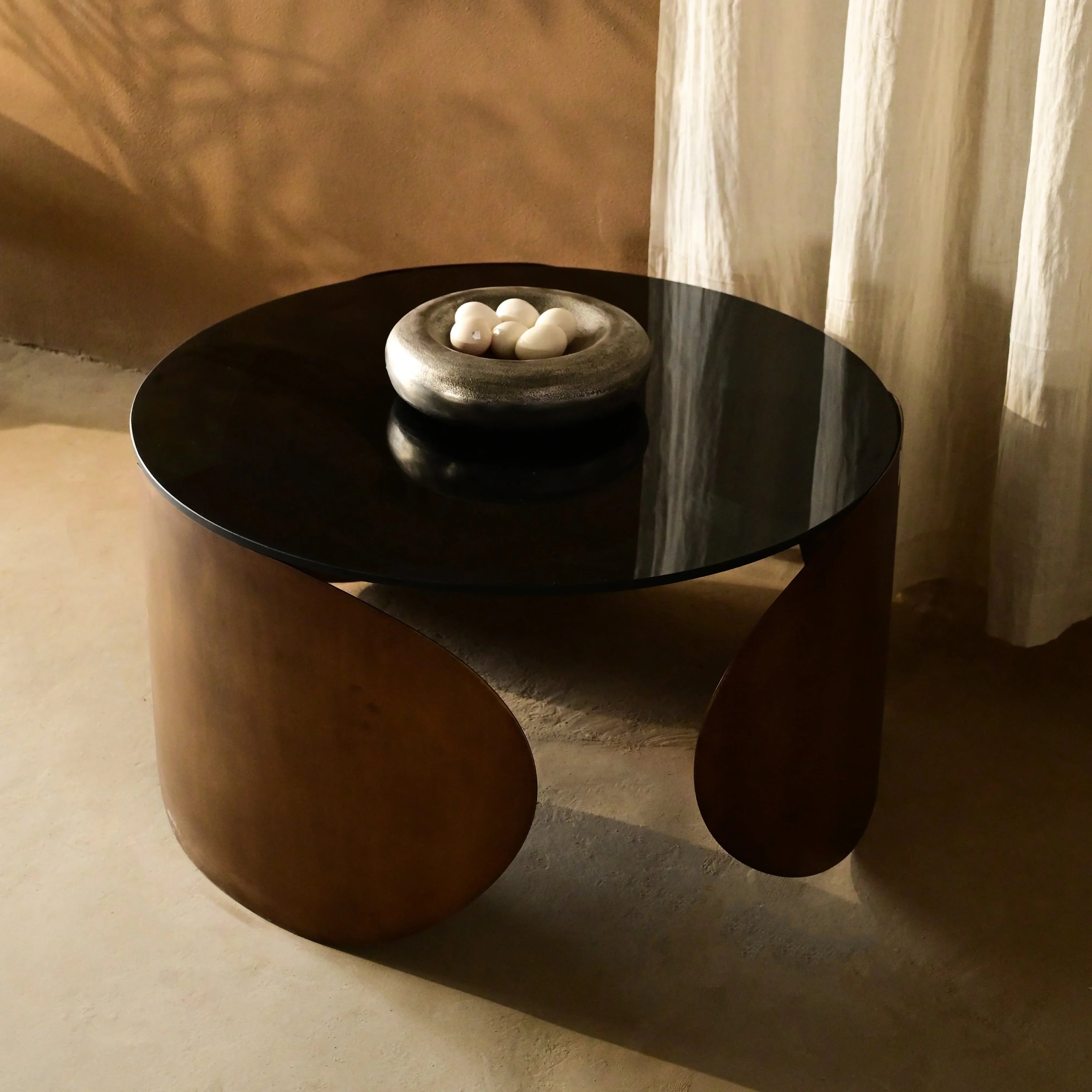 Eterna Round Coffee Table for Living Room | Glass Top in Antique Brass Finish Center Table