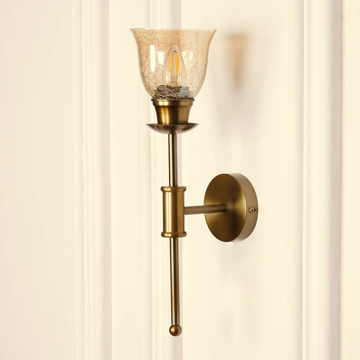 Brass Antique Finish Spacer Wall Lamp with Cup Crackled Glass Golden Luster Shade