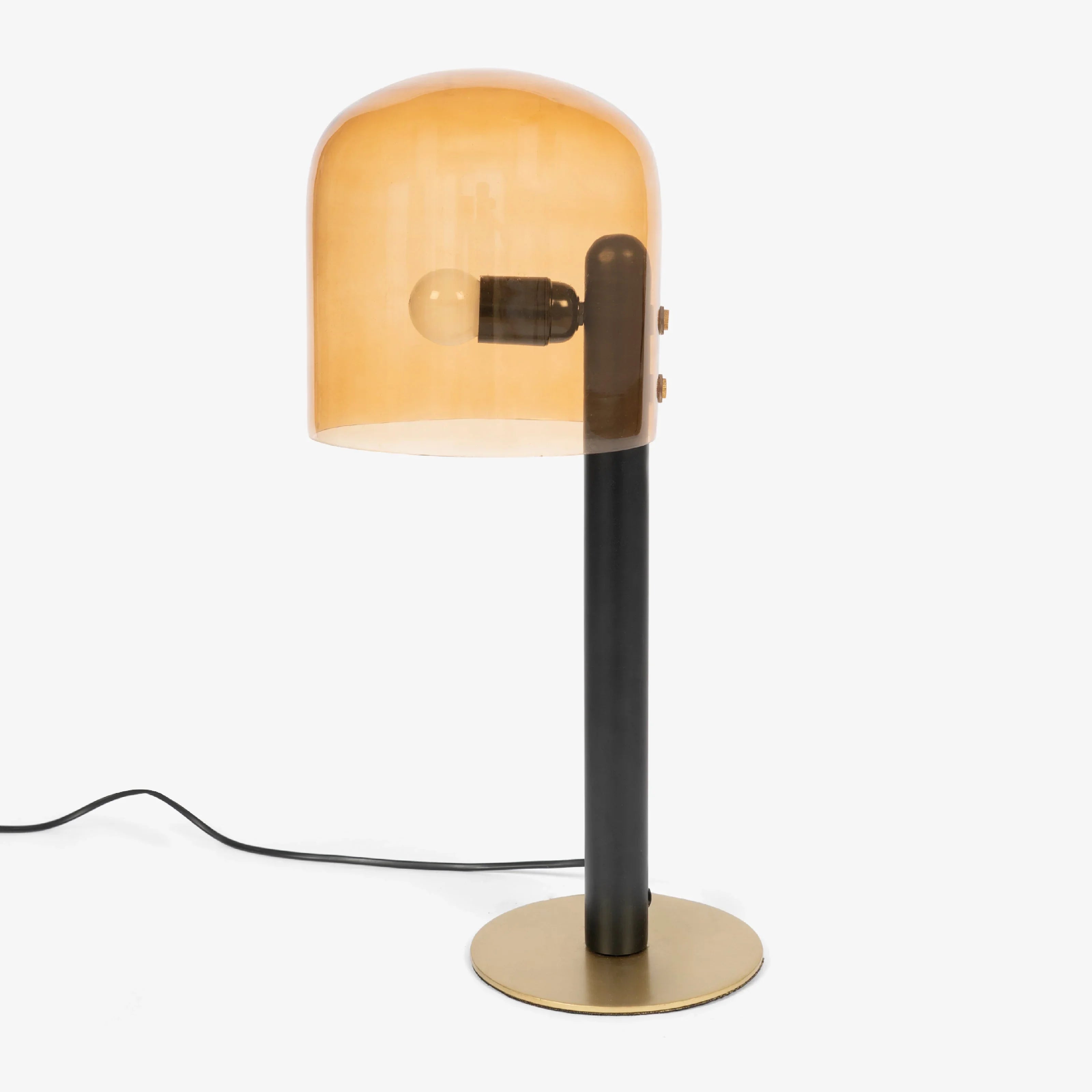 Syra Designer Table Lamp for Living Room | Modern Black & Brass LED Lamp with Amber Glass Dome