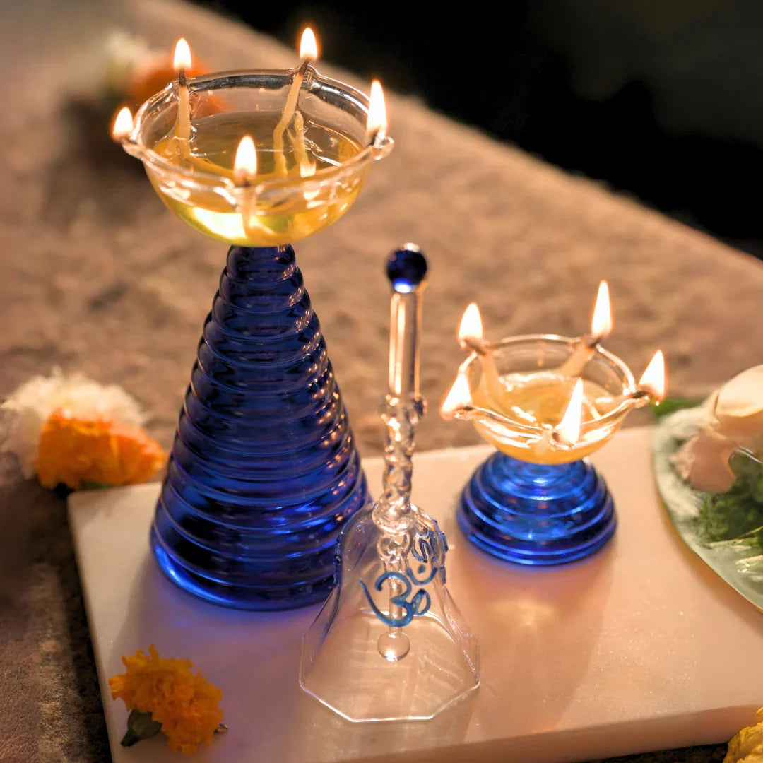 Glass Festive Gift Box - Tall Diya + Short Diya + Bell