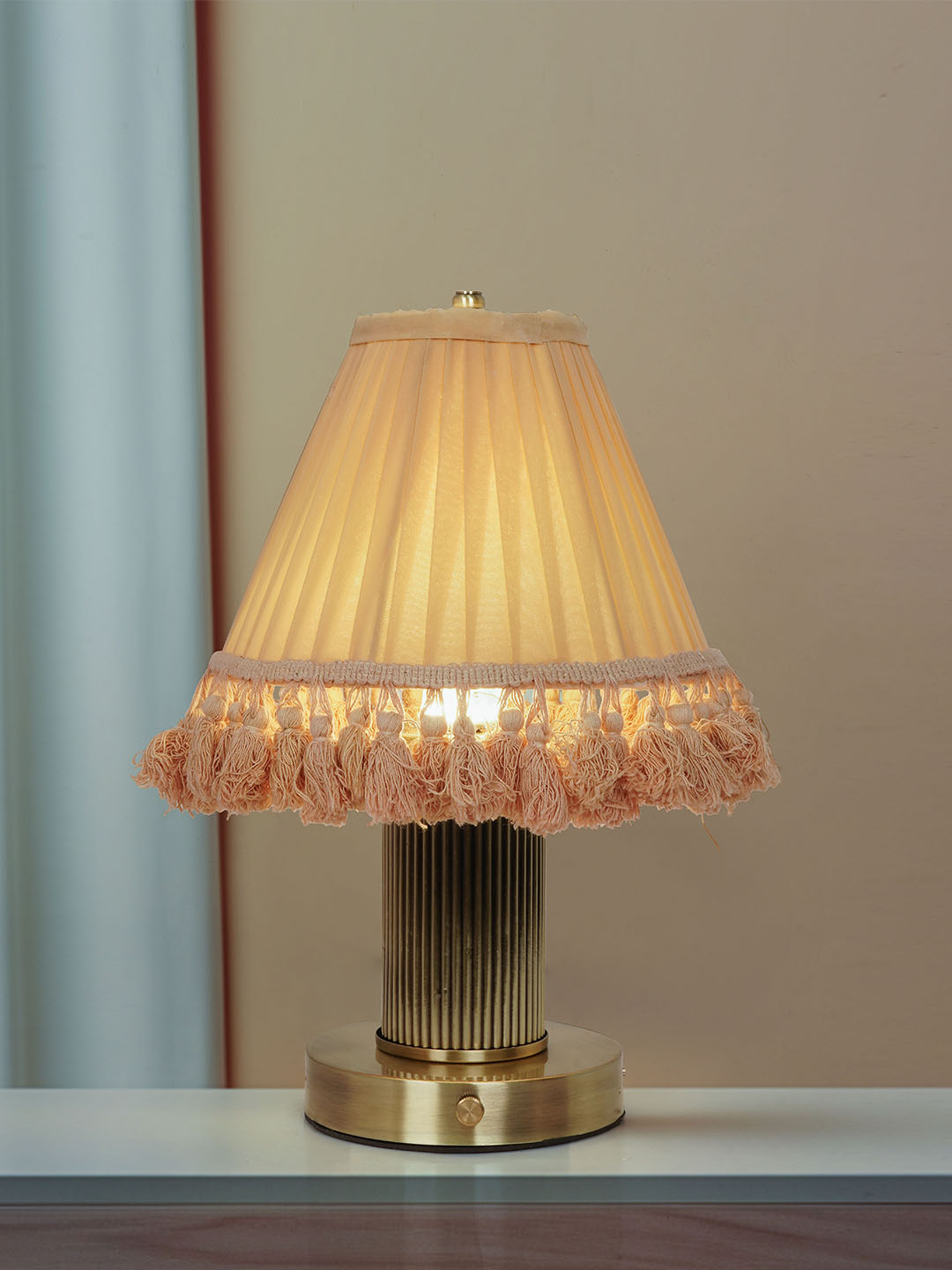 Cordless Dimmable Touch Table Lamp with Pleated Camel Fabric Shade | Antique Brass Finish