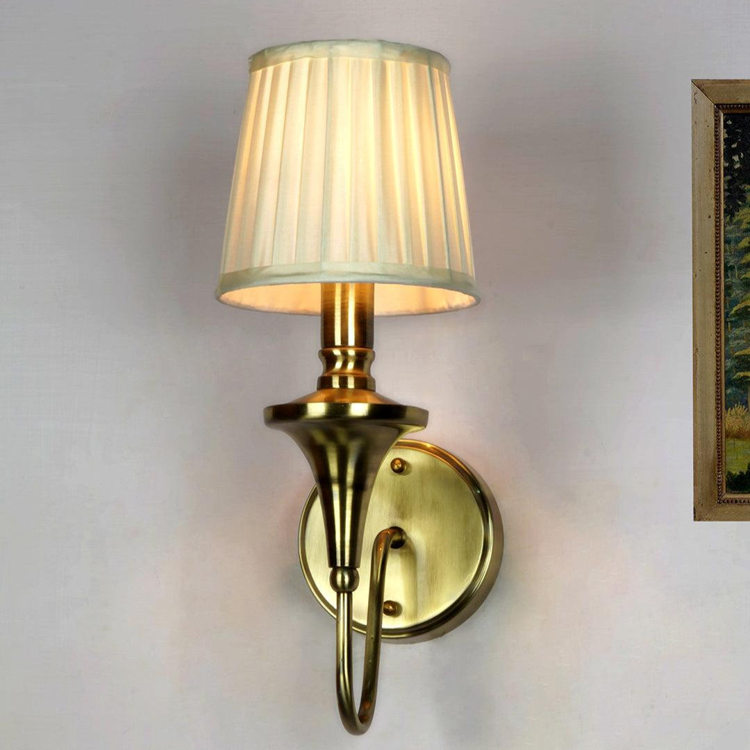 Gold Brass Finish Single Wall Lamp with White Pleated Shade | 15 Inch Transitional Light