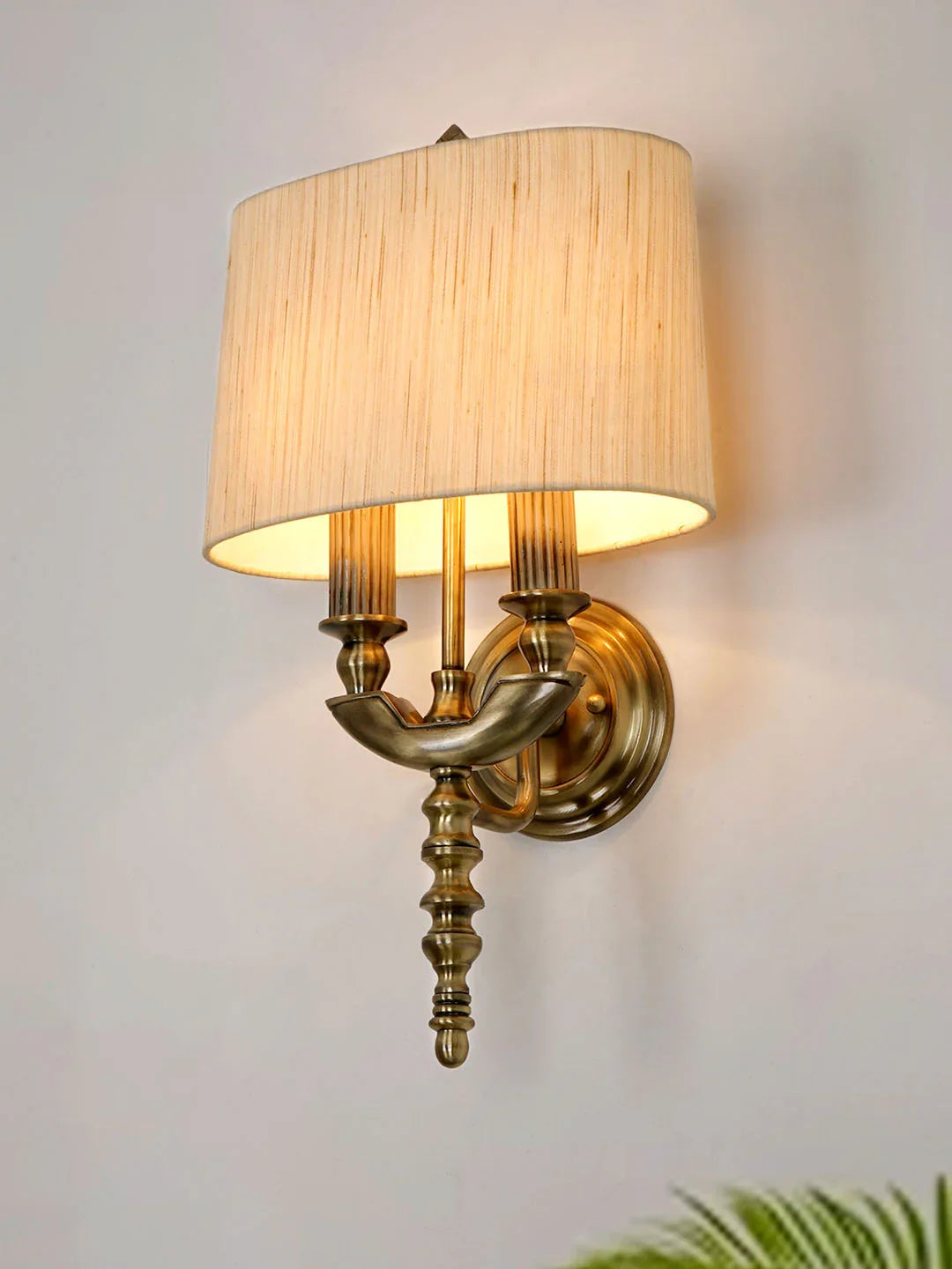 Antique Brass Victorian 23 Inch Dual-Light Aluminium Wall Lamp With Rounded Square Cream Textured Fabric Shade