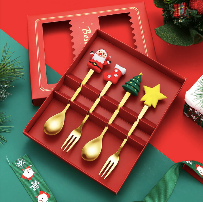 Christmas Folk And Spoon Gold Set | Premium Golden Dessert Spoon and Fork Set