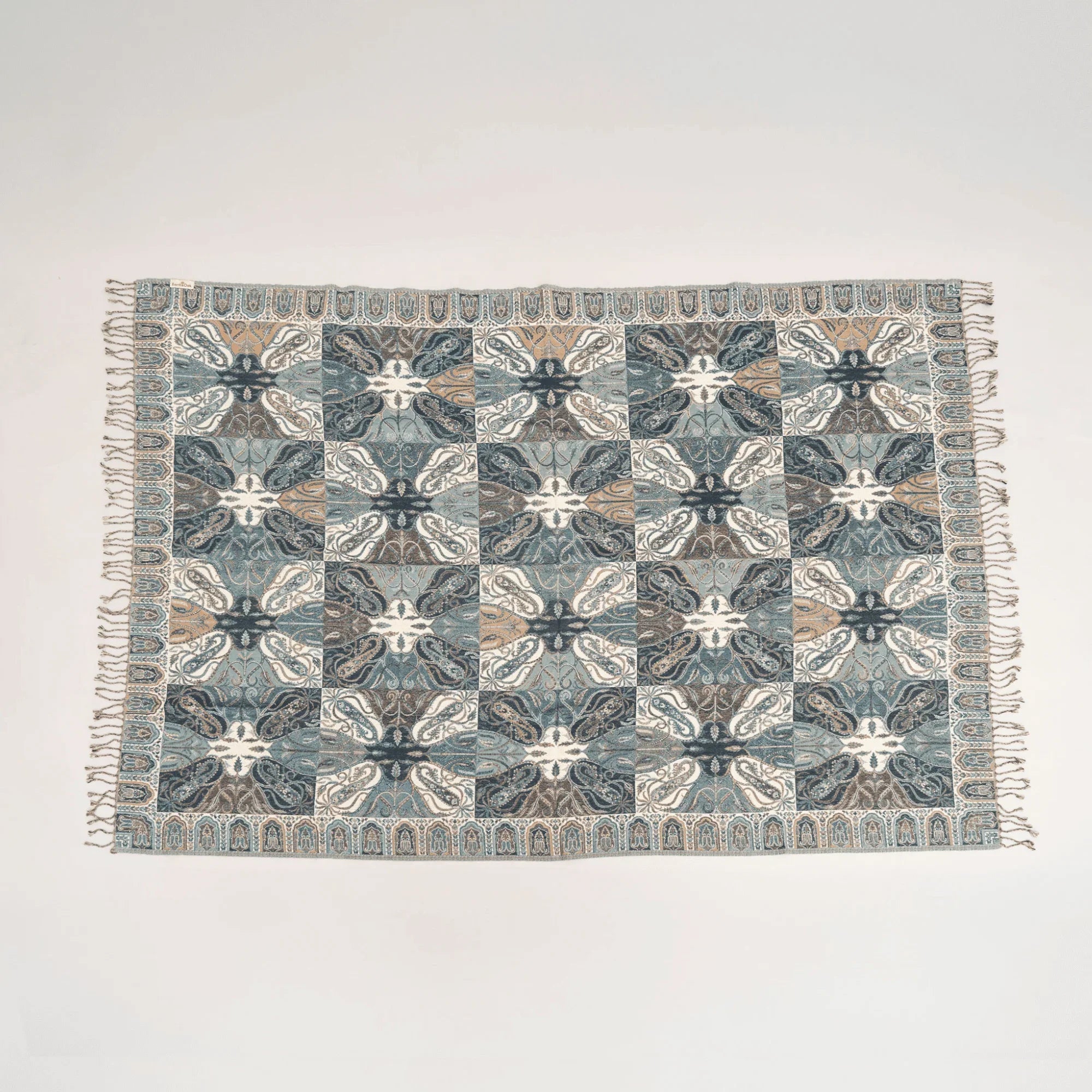 Vintage Azure Throw Blanket | Heritage Design Cotton Wool Sofa Throw for Living Room & Bedroom Decor