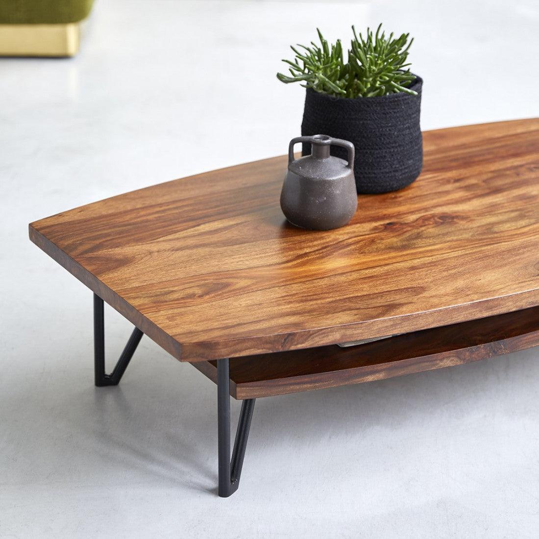 Sheesham Wood Coffee Table for Living Room | Modern Wooden Center Table with Metal Legs