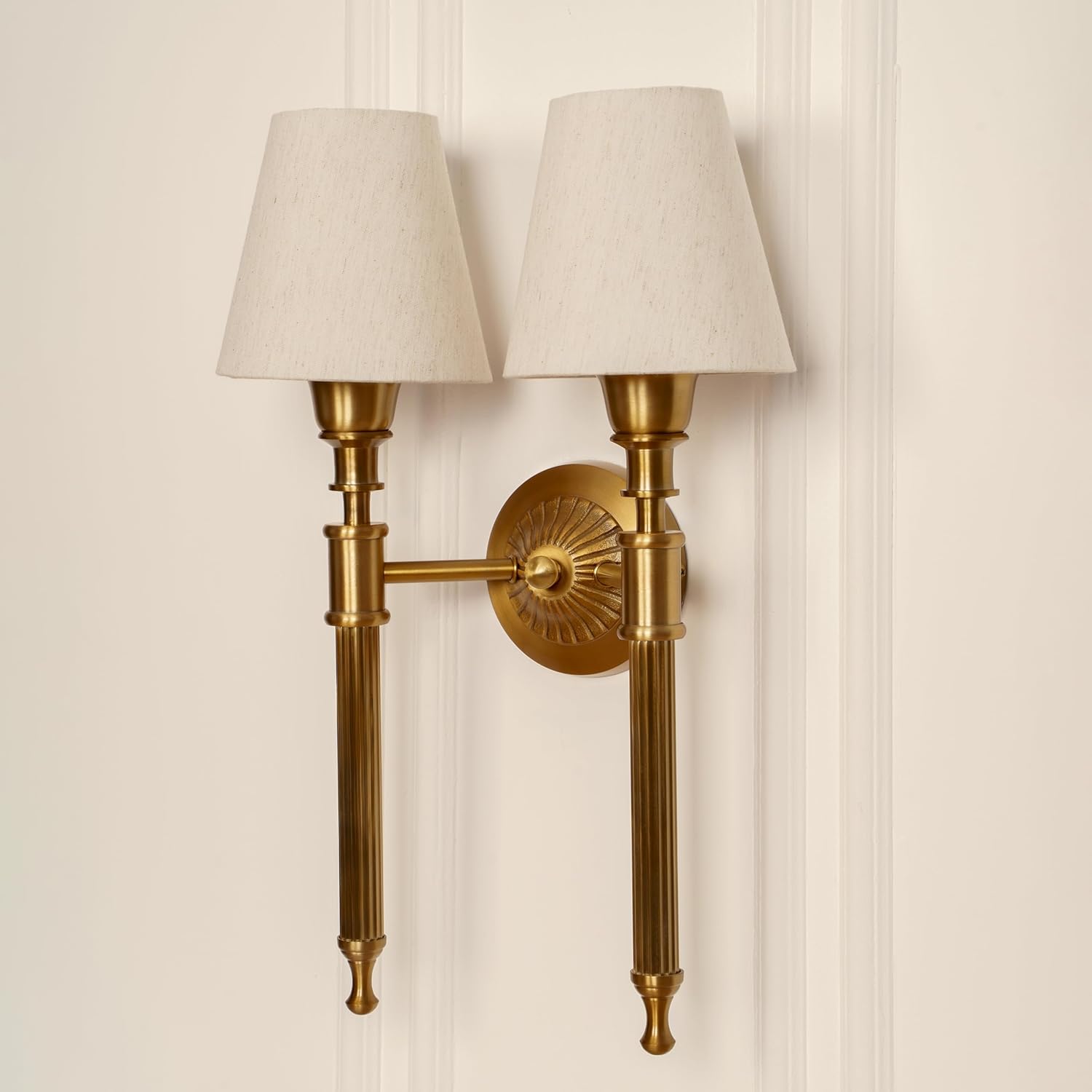 Double Corrugated Wall Lamp Antique Brass Finish with Off White Shade for Living Room, Bedroom, Home Decoration Wall Light