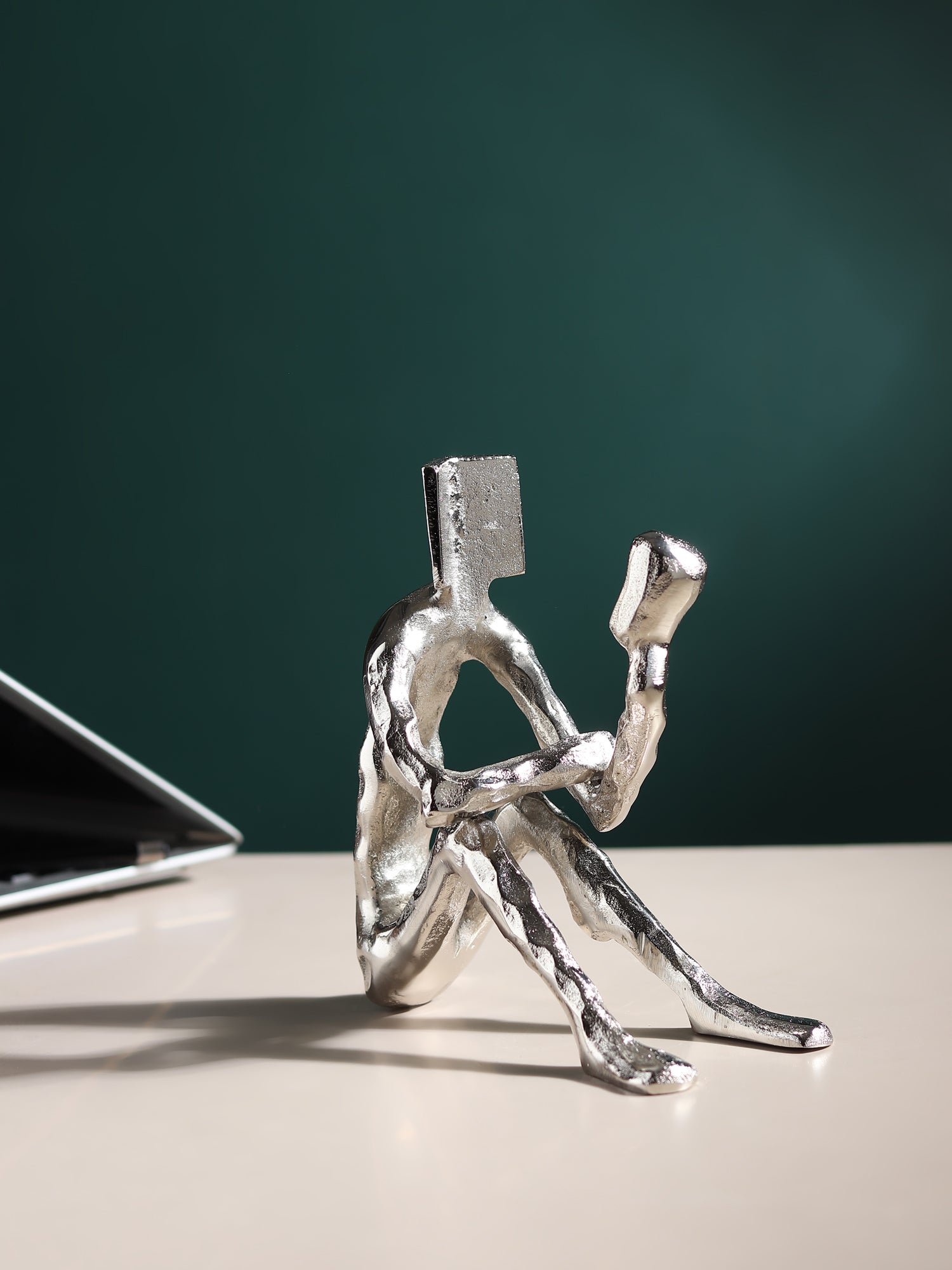 Pensive Reader Decorative Sculpture | Gold Aluminium Reading Figurine for Bookshelf & Home Décor