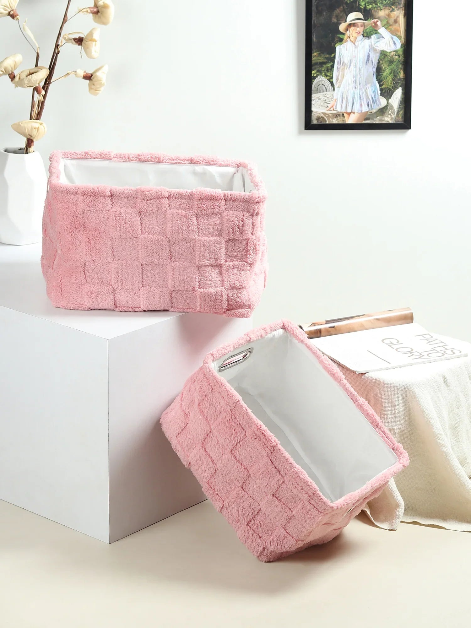 Soft Grid Plush Storage Basket Set of 2