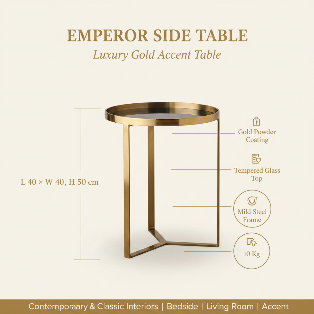 Emperor Gold Side Table | Luxury Glass Top Accent Table for Living Room & Bedroom