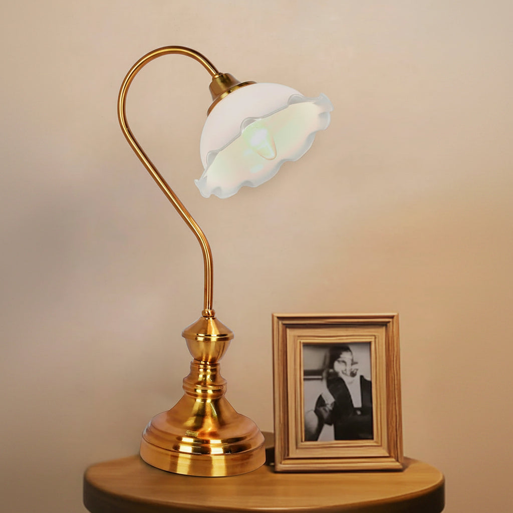 Antique Brass Retro Reading Lamp with Milky White Frilled Glass Shade