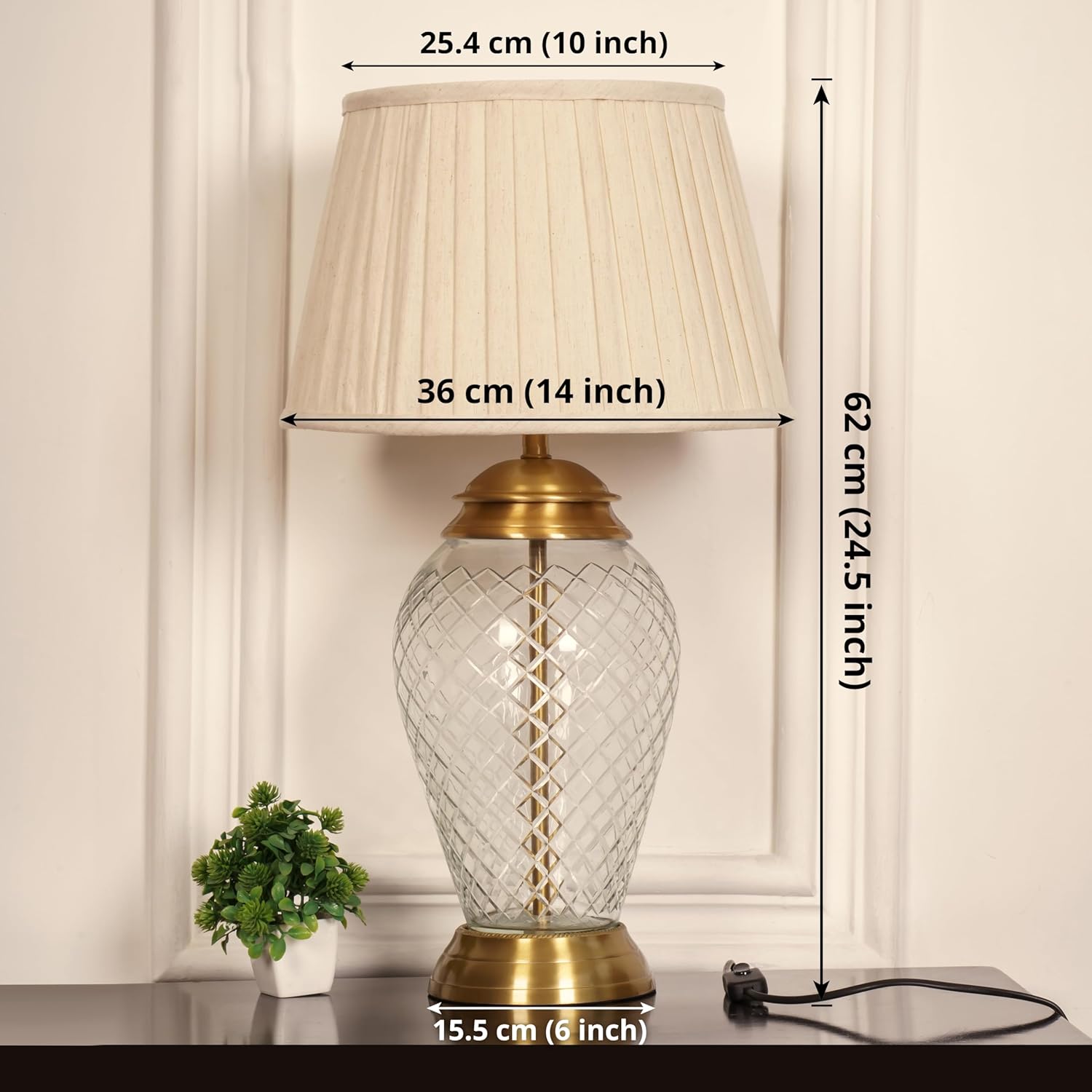 Royal Pure Brass Antique Finish And Diamond Cut Glass Table Lamp 23 Inches Height With Off White Pleated 14 Inches Diameter Lampshade