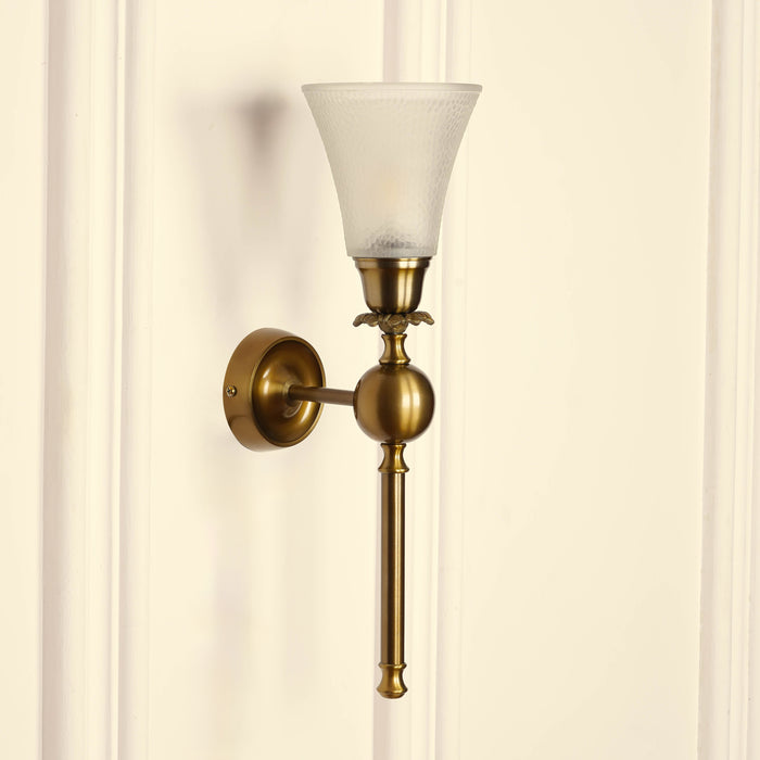 Brass Antique Finish Ball Wall Lamp with Frosted Hammered Glass Shade